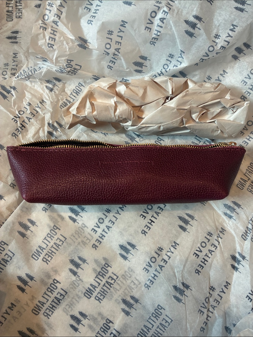 Portland Leather Wine Zip Pencil Case with Gold Zipper